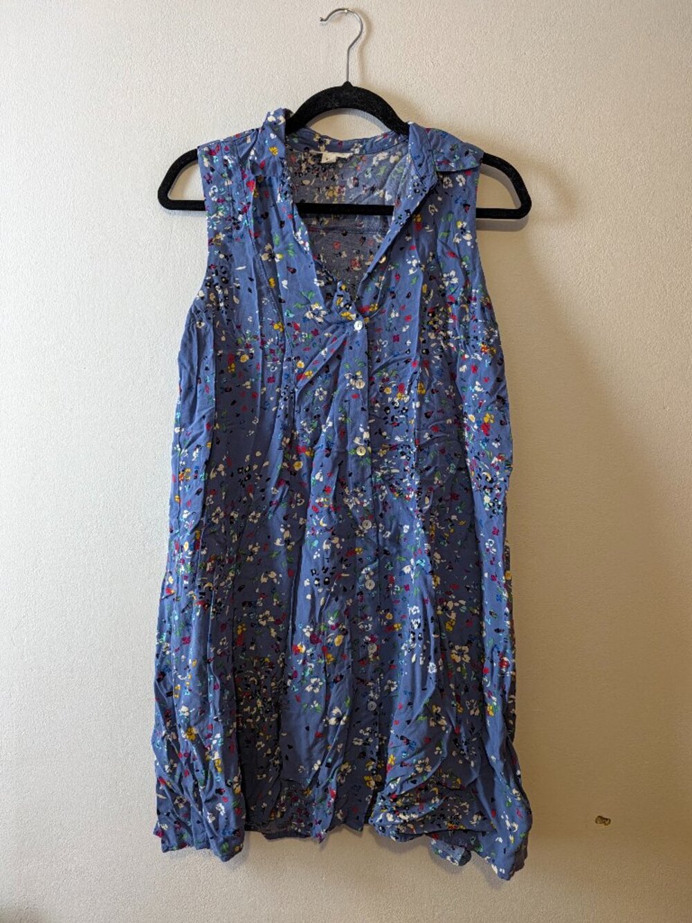 Beach Lunch Lounge Blue Floral Sleeveless Button Front Shirt Dress S
